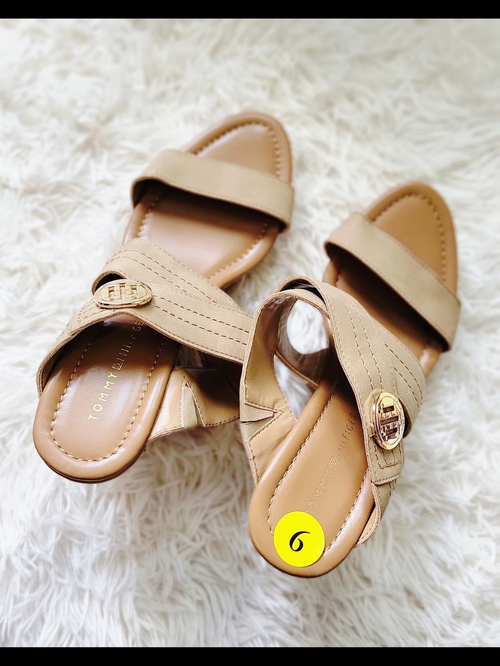 New Tommy Hilfiger Tan Wedge Sandals with Gold Logo Accent - Picture 2 of 5